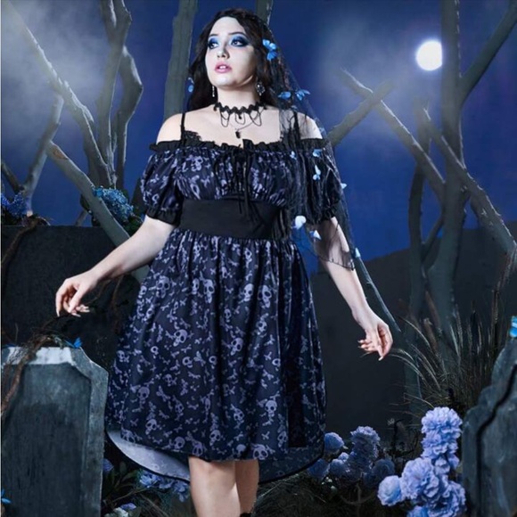 Romwe Corpse Bride Skull Print Cold Shoulder Knot Front Dress NWT - Picture 2 of 9